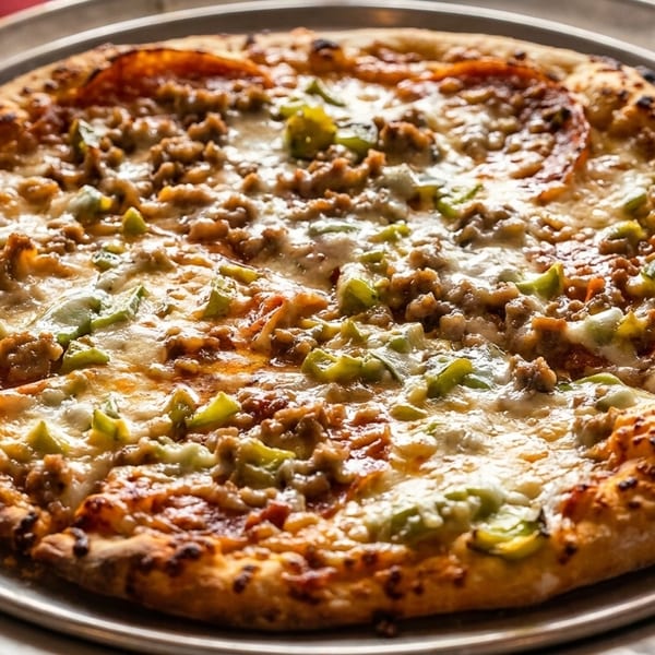A whole pizza with sausage, green peppers, and melted cheese on a metal tray.