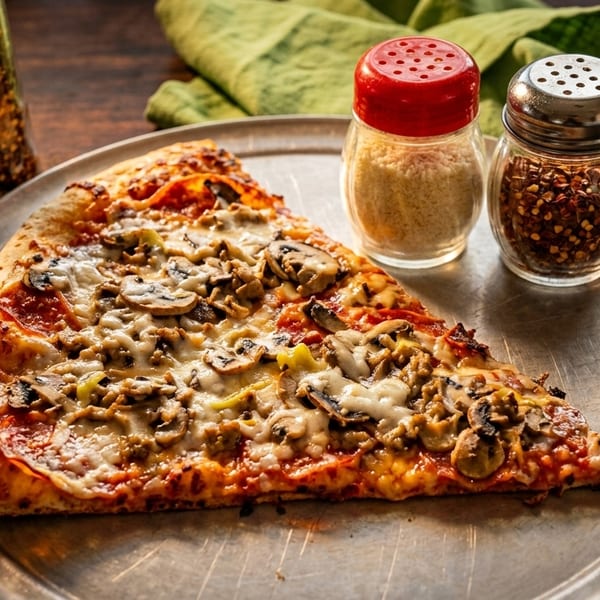 A large slice of mushroom and pepperoni pizza on a metal tray with shakers of cheese and chili flakes.