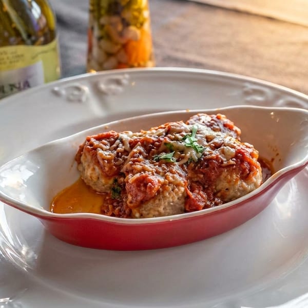 Meatballs with tomato sauce and cheese in a red dish on a white plate, with olive oil in the background.