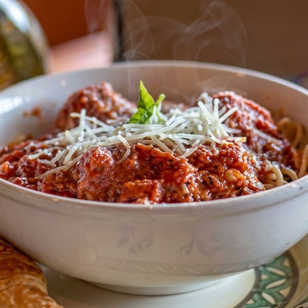 Steaming bowl of spaghetti and meatballs with shredded cheese and basil, served with a croissant.