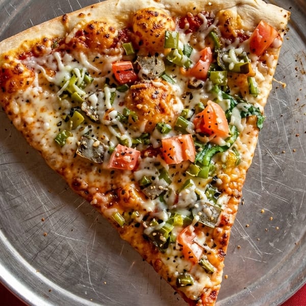 A single slice of pizza with melted cheese, tomatoes, and green peppers on a metal tray.