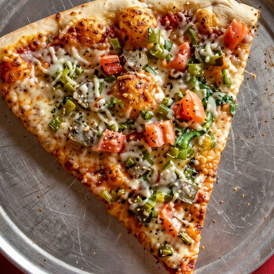 A single slice of pizza with melted cheese, tomatoes, and green peppers on a metal tray.