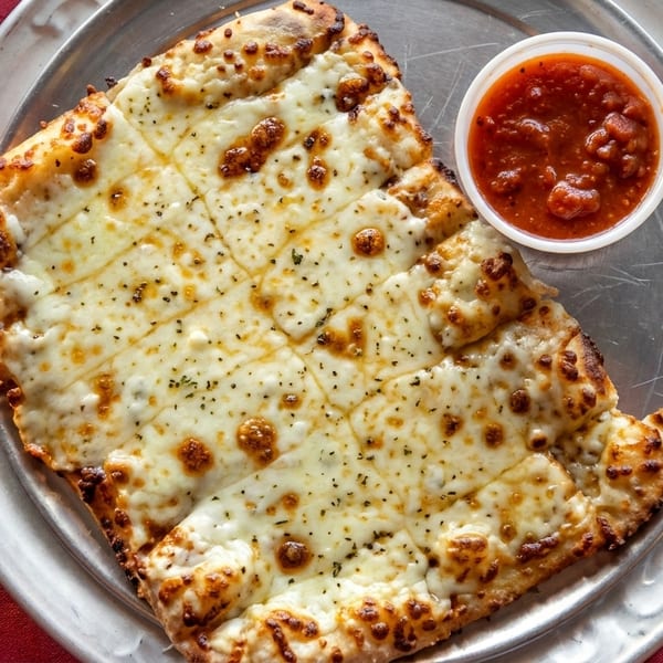 Cheesy garlic breadsticks with a side of marinara sauce on a metal tray and red tablecloth.