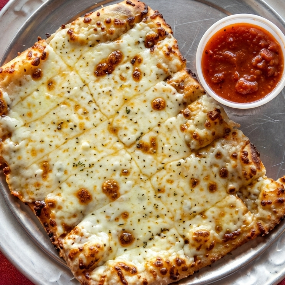 Cheesy garlic breadsticks with a side of marinara sauce on a metal tray and red tablecloth.
