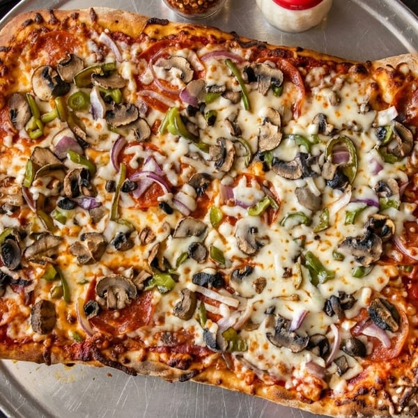Rectangular pizza with pepperoni, mushrooms, green peppers, and red onions on a metal tray.