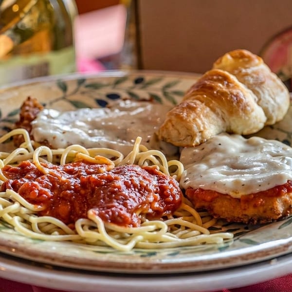 Spaghetti with red sauce, chicken parmesan with white sauce, and croissants on a decorative plate.