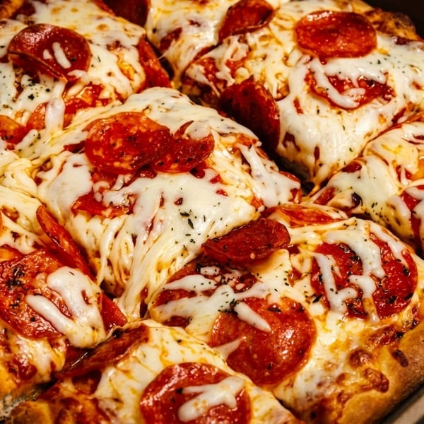 Close-up of a square pepperoni pizza, cut into slices, with melted cheese and herbs in a box.