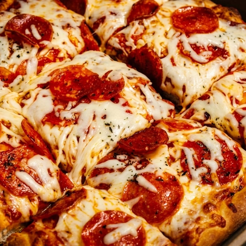 Close-up of a square pepperoni pizza, cut into slices, with melted cheese and herbs in a box.