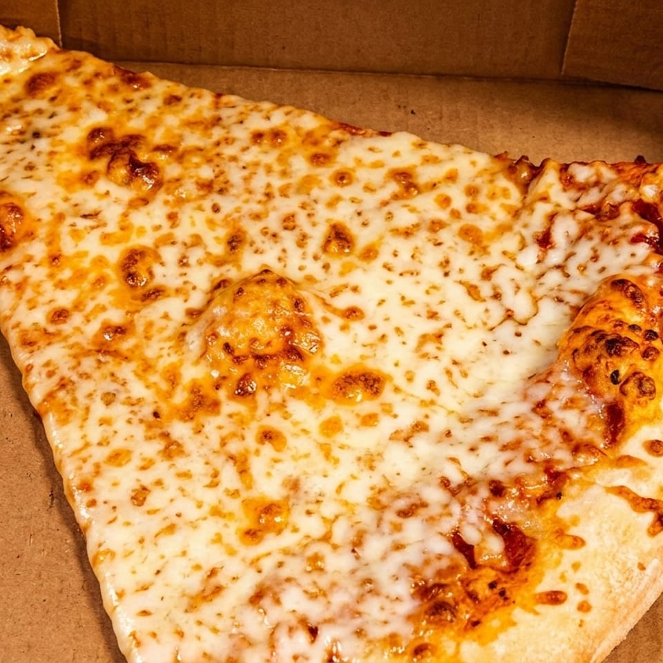 A large slice of cheese pizza with melted, bubbly cheese in a cardboard box.