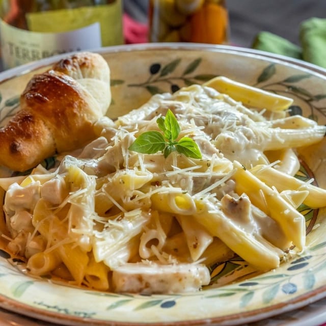 Chicken Penne Alfredo.